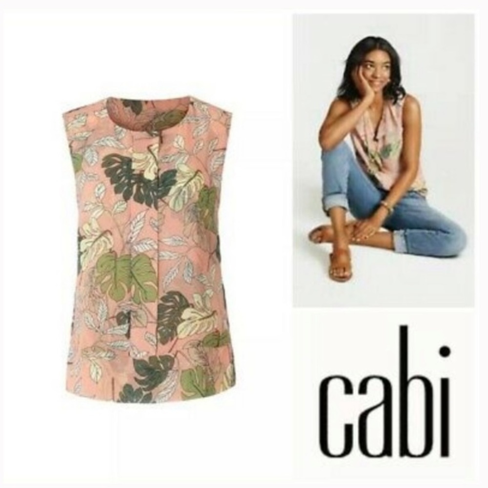 CAbi 5351 Tropical Sleeveless Monstera Leaf Print Blouse Top Pink Green Small